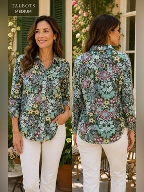 Talbots Women’s Medium Floral Button Front Blouse Cottagecore green lightweight